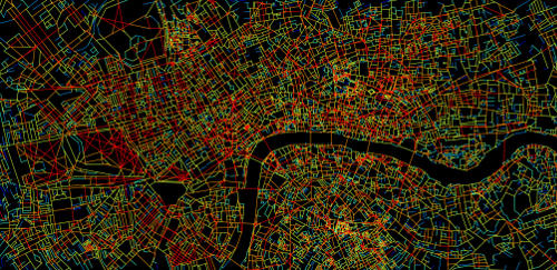 Central London is mapped to show how many streets connect to other streets. Streets in red have the most connections and those in blue the least